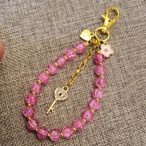 Pink Beaded Bag Charm with Gold Accents